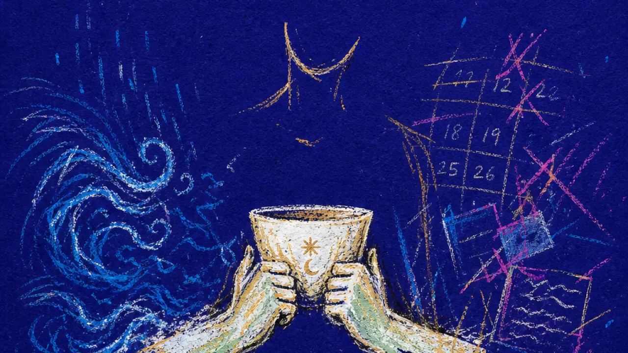 A solitary figure holds a cup as calendars and tide lines press against their forearms, leaving pale impressions