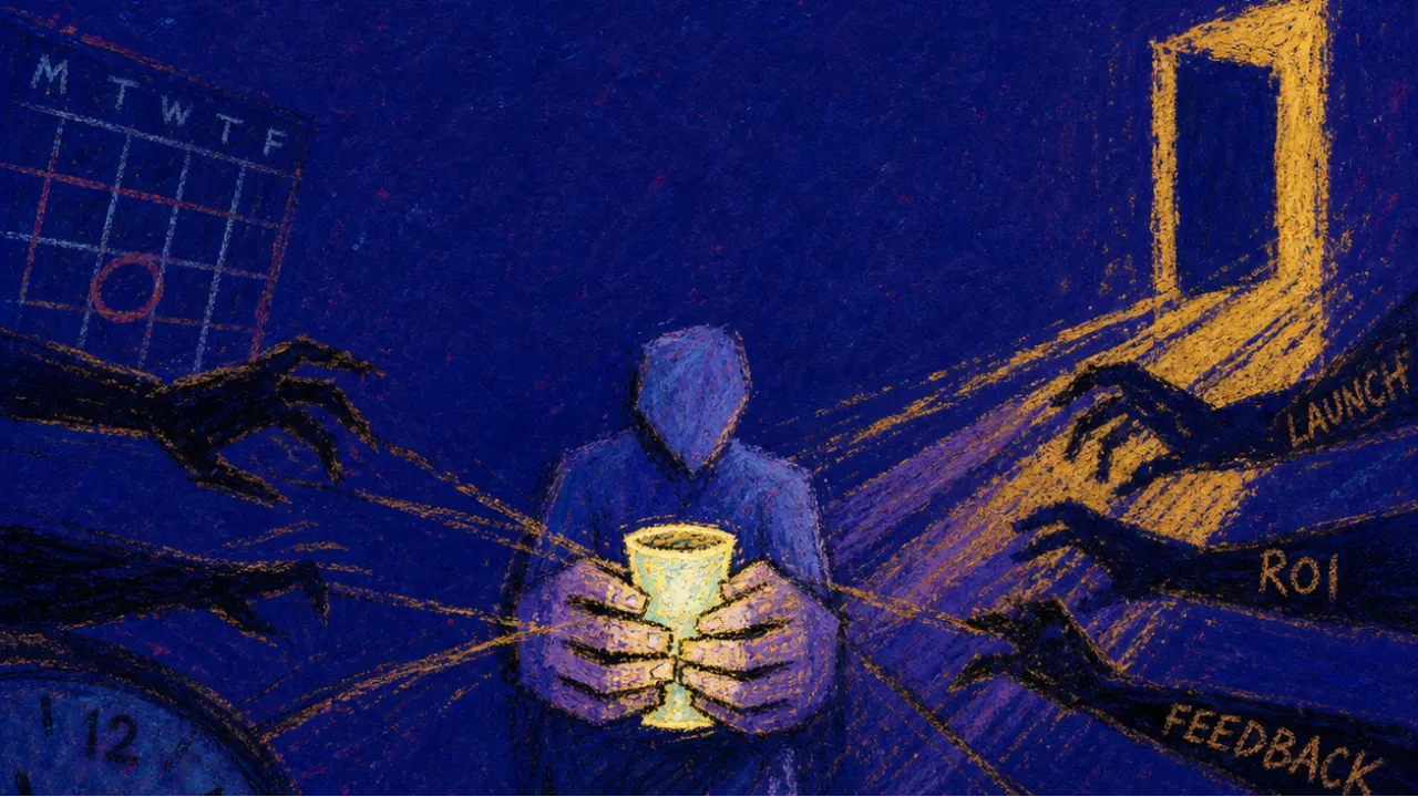 Pulled toward the open room A solitary figure holds a small glowing cup as hands and shadows pull it toward an open doorway in deep indigo space