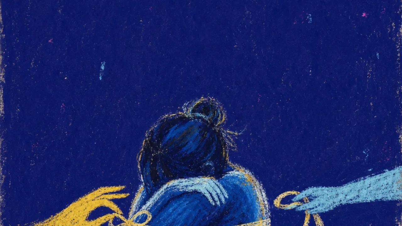Closeness arranged for display A solitary figure surrounded by bright hands arranging cups, ribbons, and phones while their shoulders fold inward