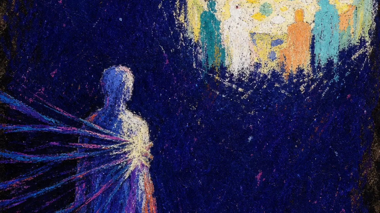 Context kept out of reach A solitary figure beside a bright group table, closed message ribbons wrapping around their shoulders in deep indigo space