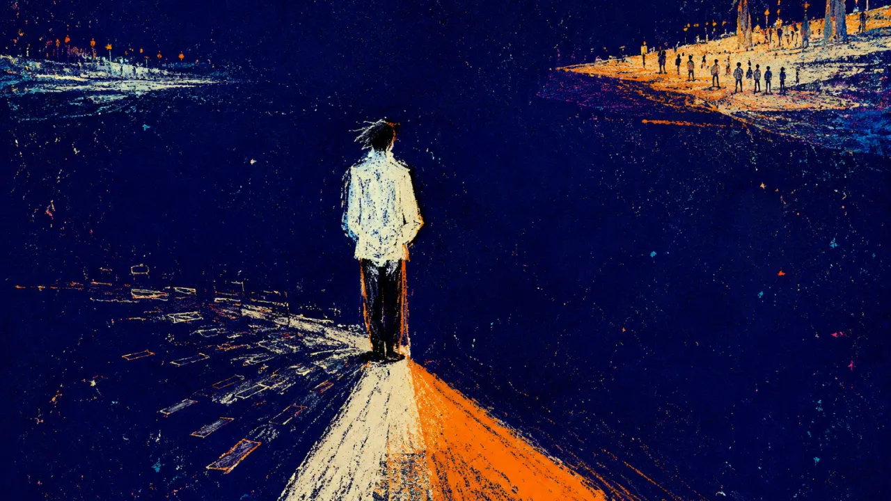 A solitary figure stands where a broad floor narrows into an unfinished path, facing distant lit spaces across a wide gap.