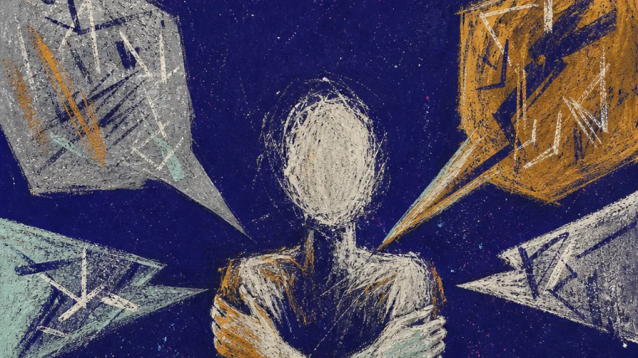 A solitary figure with crossed forearms at the chest, opposing hands pushing sharp speech bubbles in from both sides
