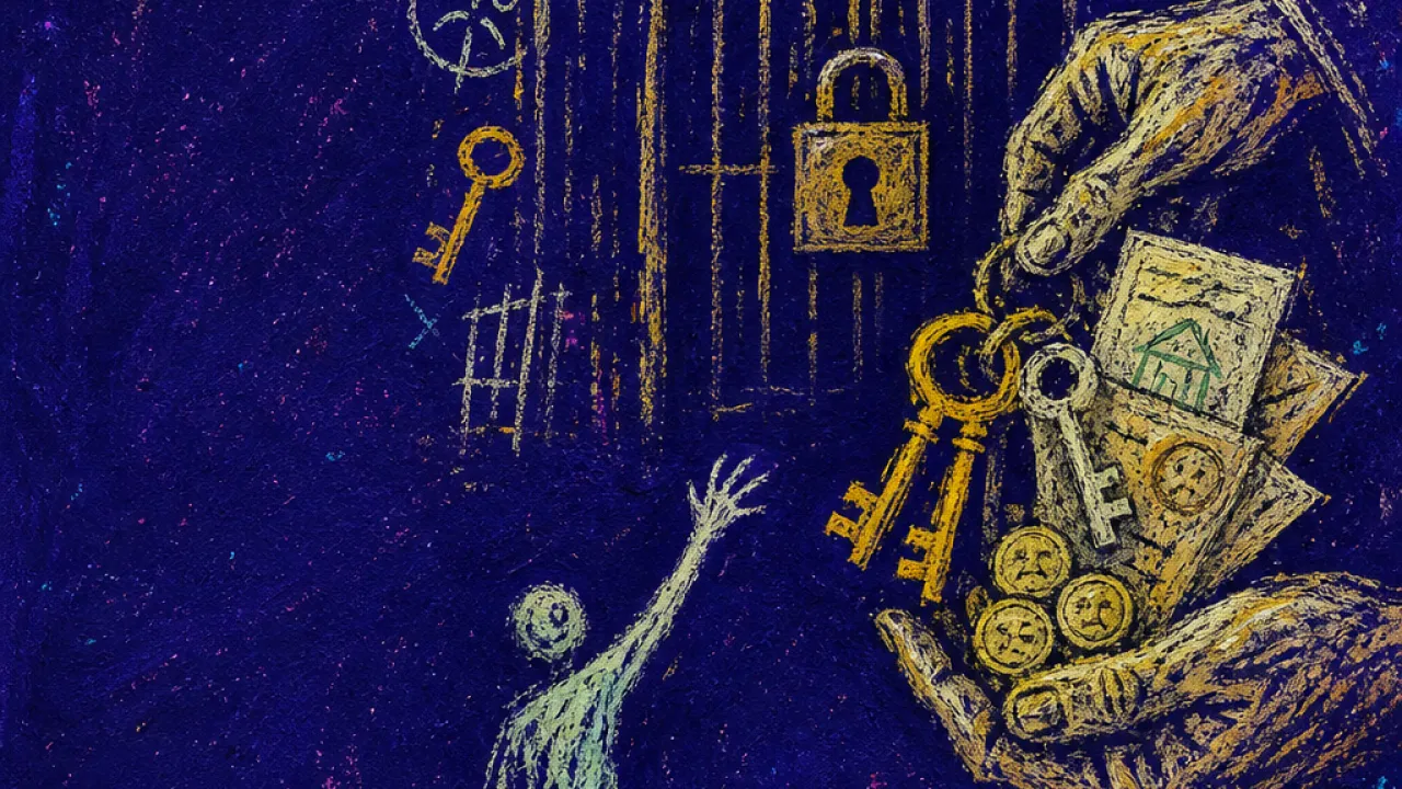 A solitary figure stands before an archway as hands hold keys, papers, and coins just beyond reach in deep indigo space