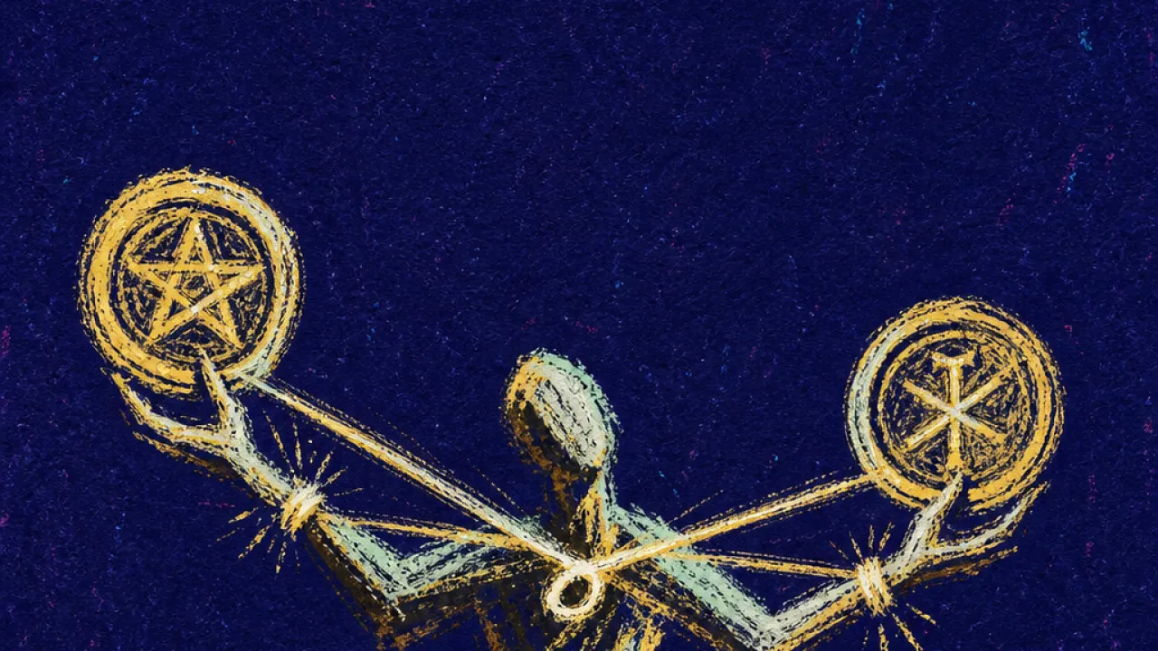 A solitary figure holding two linked coins, each hand pulled in opposite directions across a narrow balance point