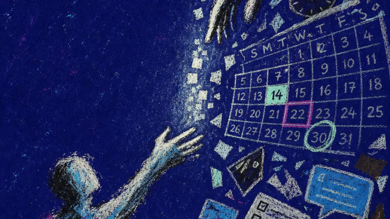Time pressing between hands A solitary figure reaching toward another hand as calendars, clocks, and message bubbles narrow the space between them