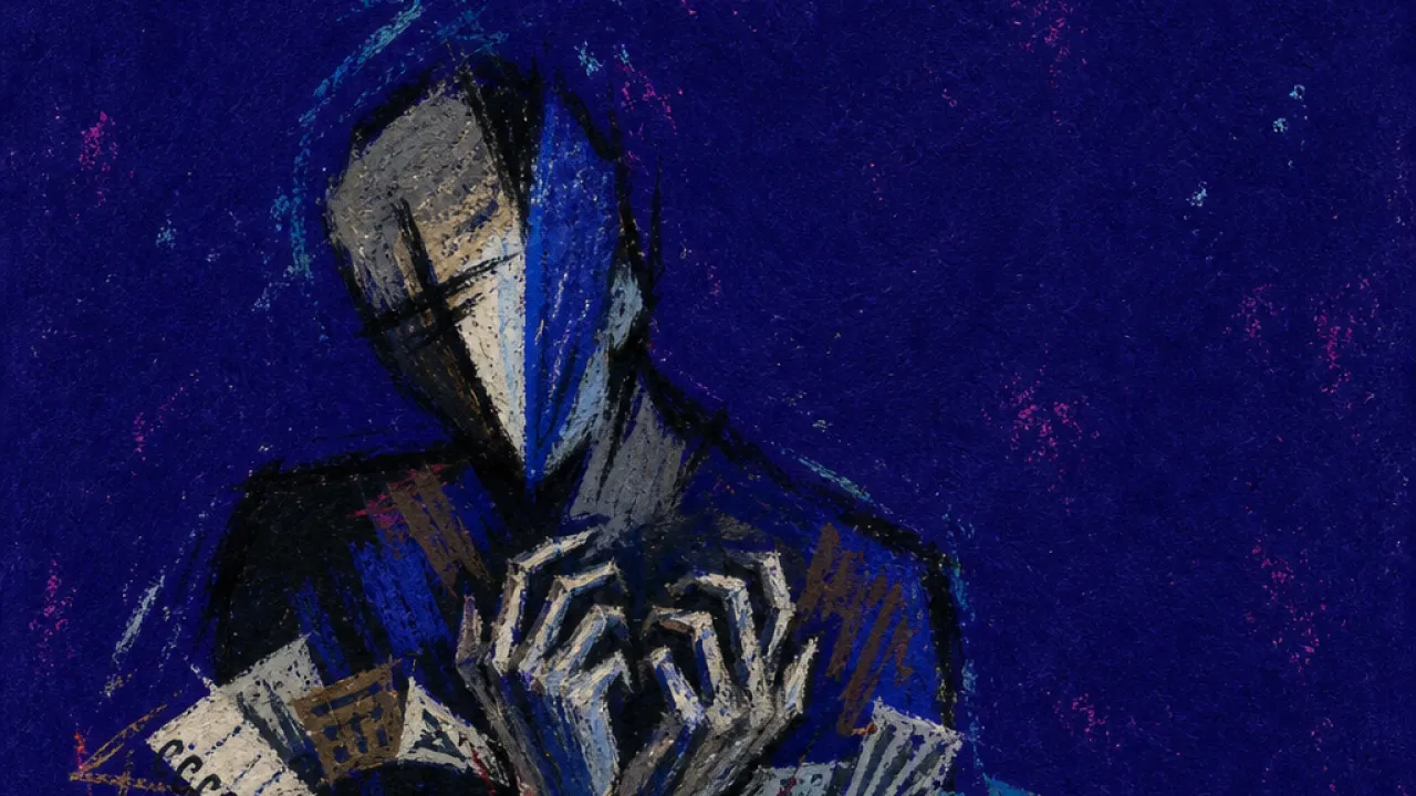 A solitary figure with lowered shoulders, hands bound by looping schedules, books, tickets, and bill reminders in indigo air