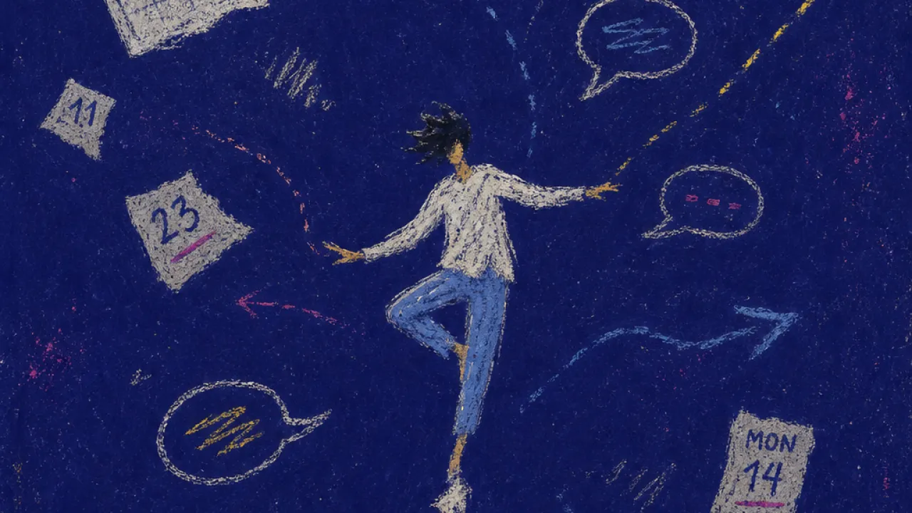 A solitary figure balancing on one foot as calendar pages, message bubbles, and transit lines pull outward into silver gaps