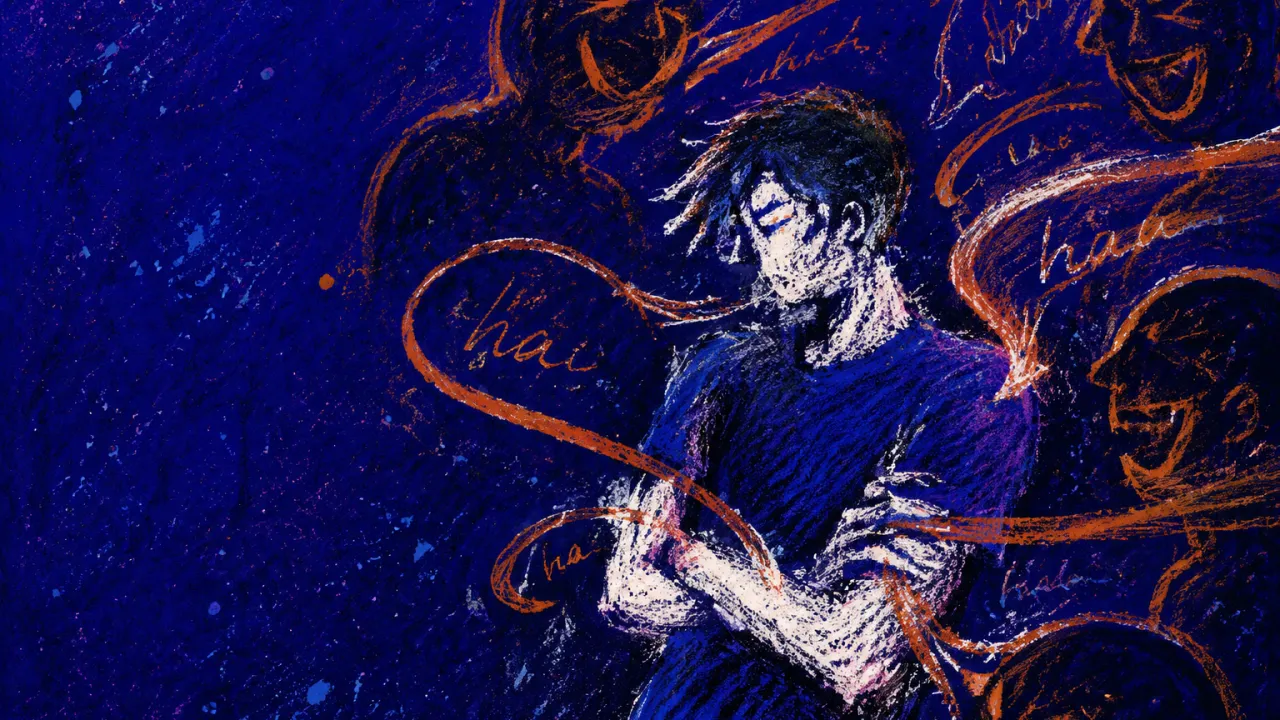 A figure leans back with folded arms as rust speech ribbons and silhouettes overlap the shoulders in deep indigo space.