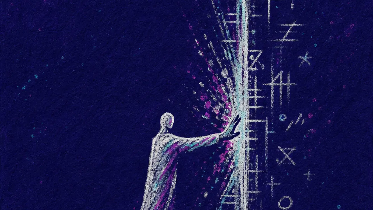 A solitary figure touches a locked threshold while hands raise measuring marks and the frame presses against their wrists