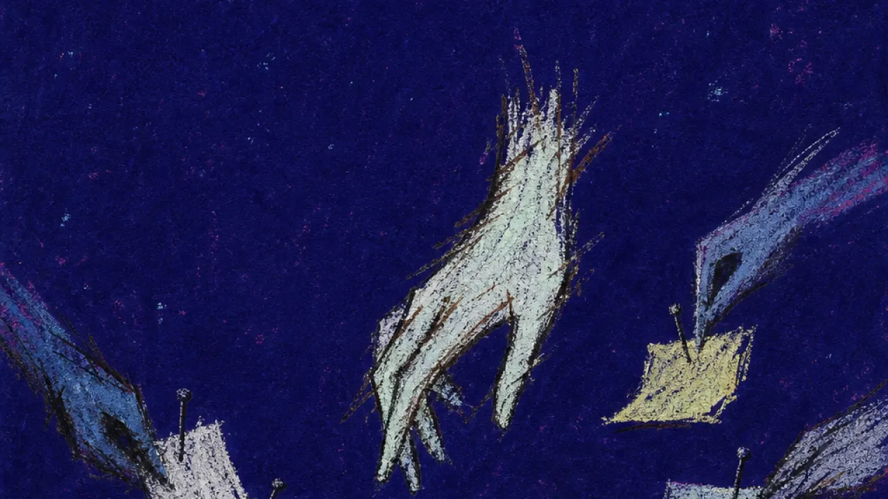 A solitary figure pauses over a blueprint as surrounding hands pin notes onto the work, trapping the design in deep indigo