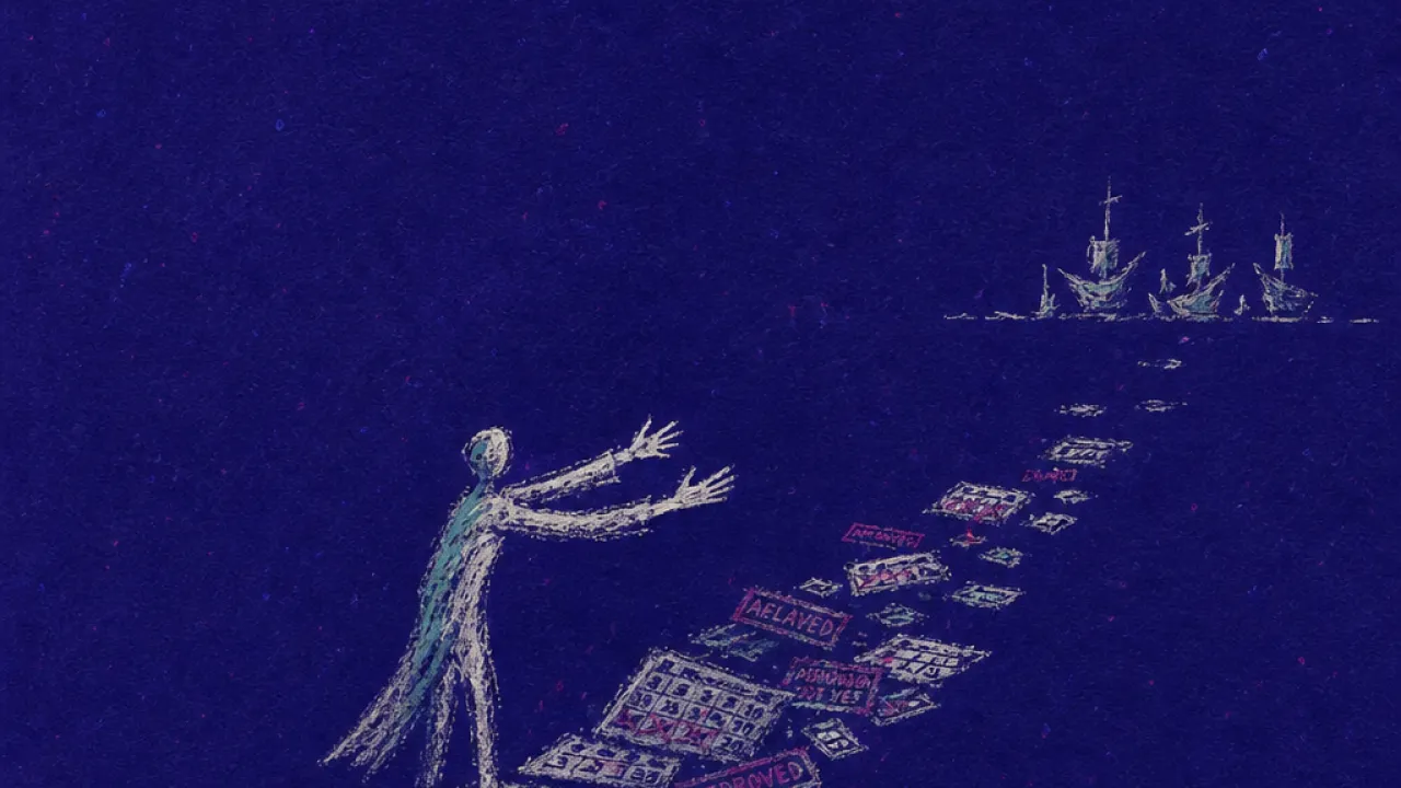 A solitary figure leans toward distant ships as hands, calendars, and stamps stretch a dock across deep indigo space