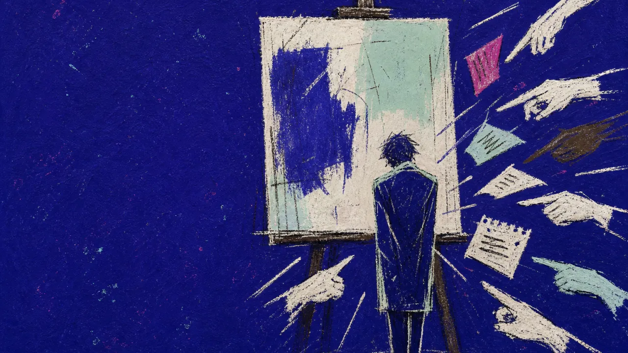 A solitary figure beside unfinished work as pointing hands and notes press cold marks into its exposed edges