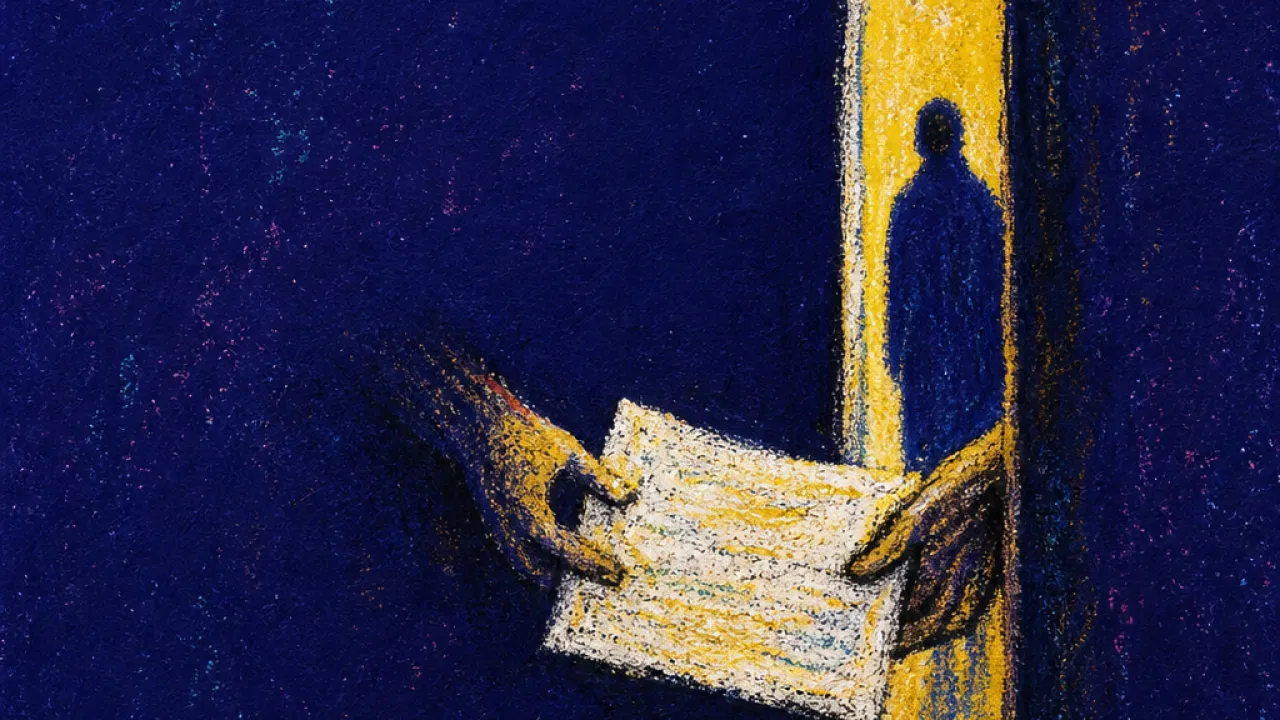 A solitary figure at a half-open doorway, two uneven hands holding a repair plan across the threshold with faint marks on the