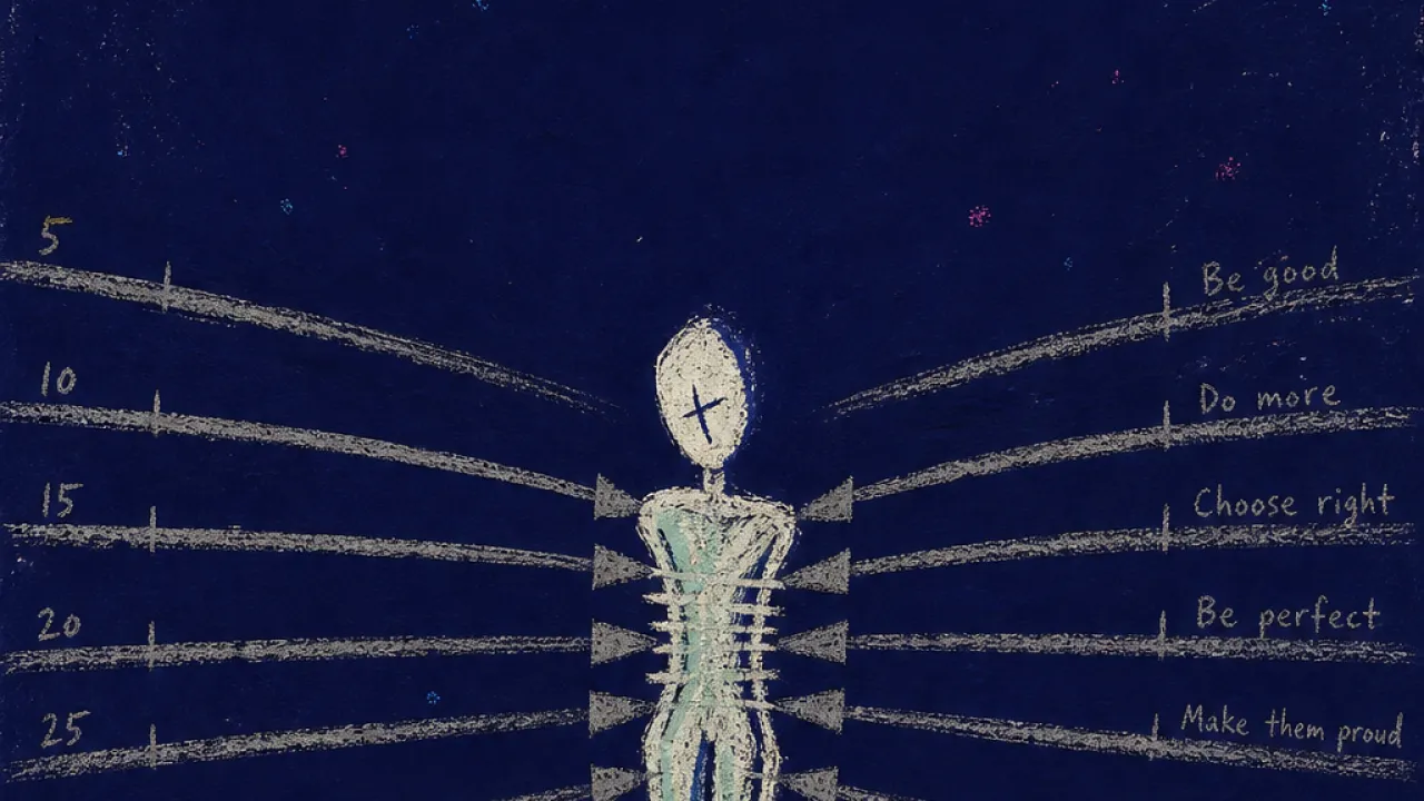 A solitary figure boxed inside rigid rails, with pressed shoulders and pale marks where milestones close in