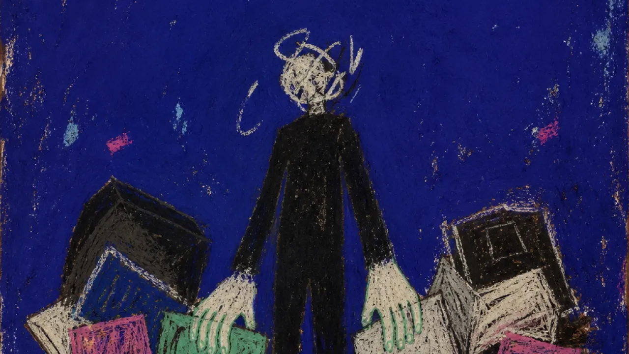 A solitary figure surrounded by open boxes and closet piles, hands and feet pinned by intact objects in deep indigo space