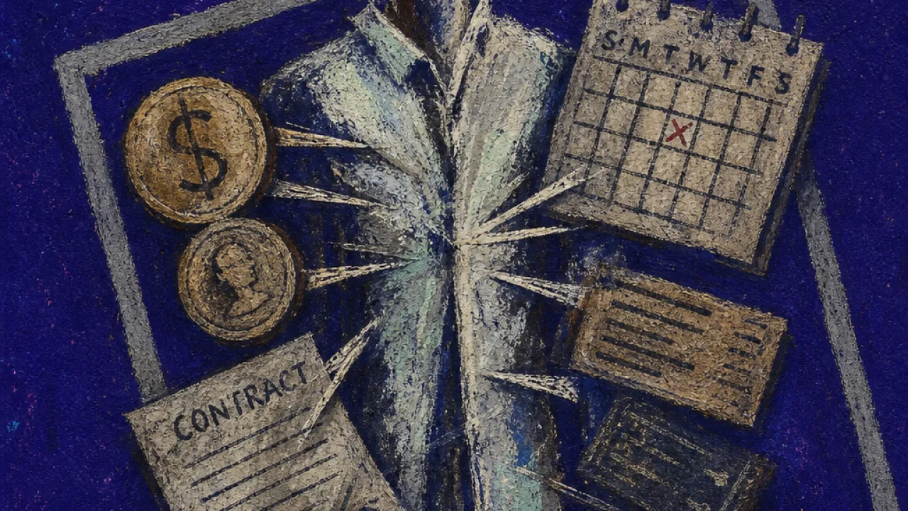 A solitary figure held inside a square frame as coins, contracts, and calendar blocks press inward around the body
