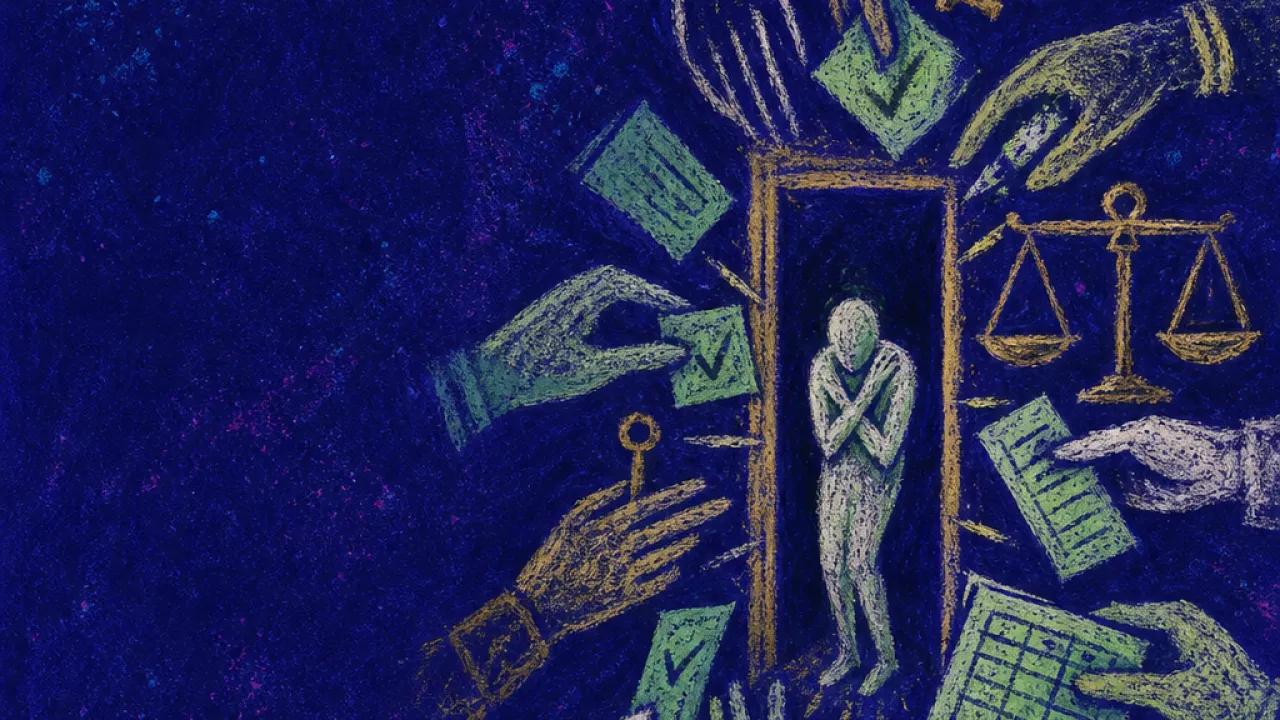 Everything Passes Through One Doorway A solitary figure braced in a narrow doorway as reaching hands press keys and papers into their palms and wrists