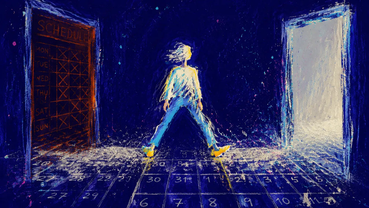 A solitary figure stands on the last marked calendar square as blank space widens toward a distant doorway