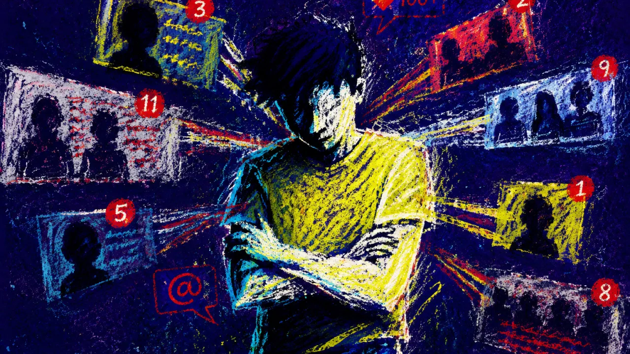 A solitary figure with folded arms as bright message panels and tagged silhouettes encroach around the torso.