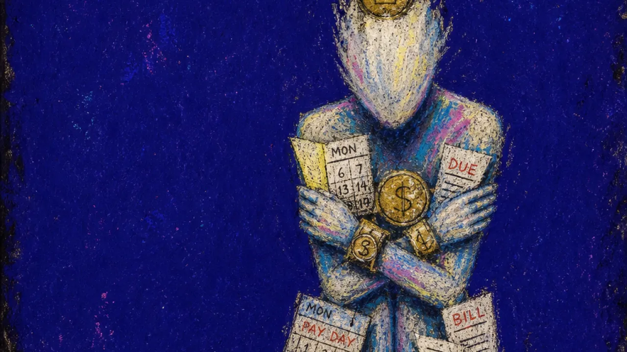 A solitary figure folded around the chest as coins, calendar blocks, and bill slips clamp wrists, feet, and crown still