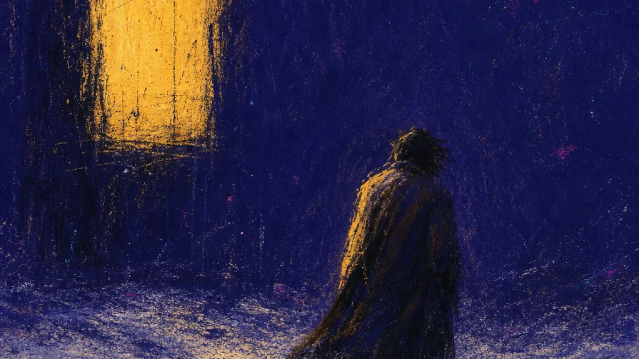 Walking Past Available Light A solitary figure moving through snow beside a glowing window, one shoulder turned away as light leaves a faint impression.