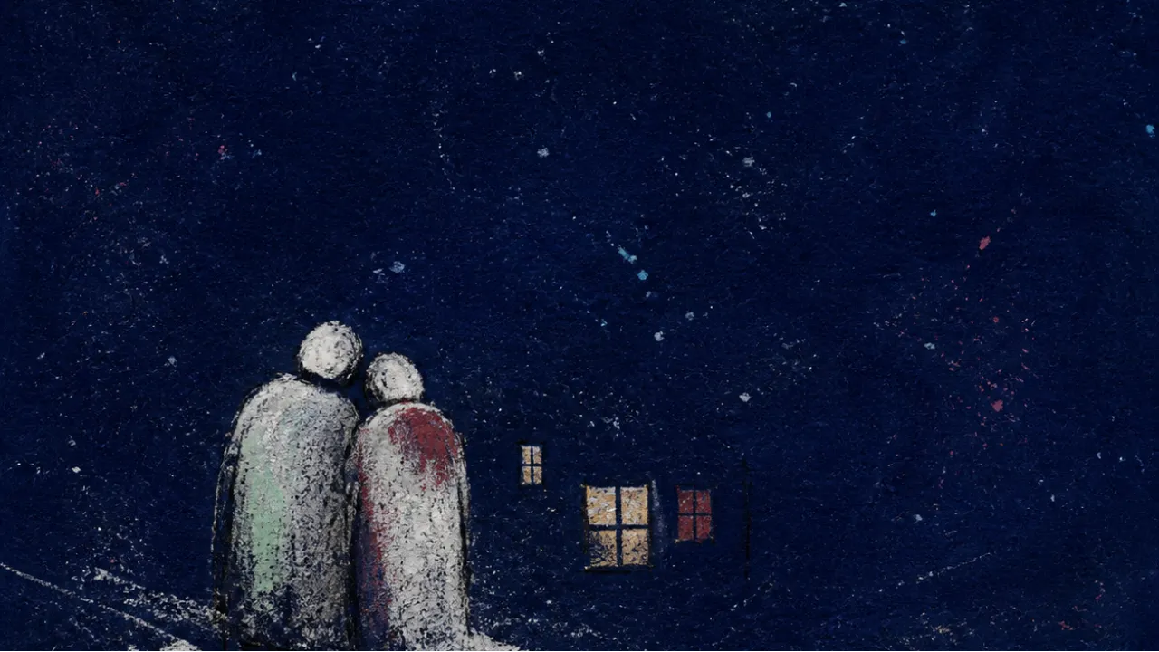 Shelter kept behind glass A hunched figure beside another body in snow, shoulders touching as lit windows remain sealed behind deep indigo glass