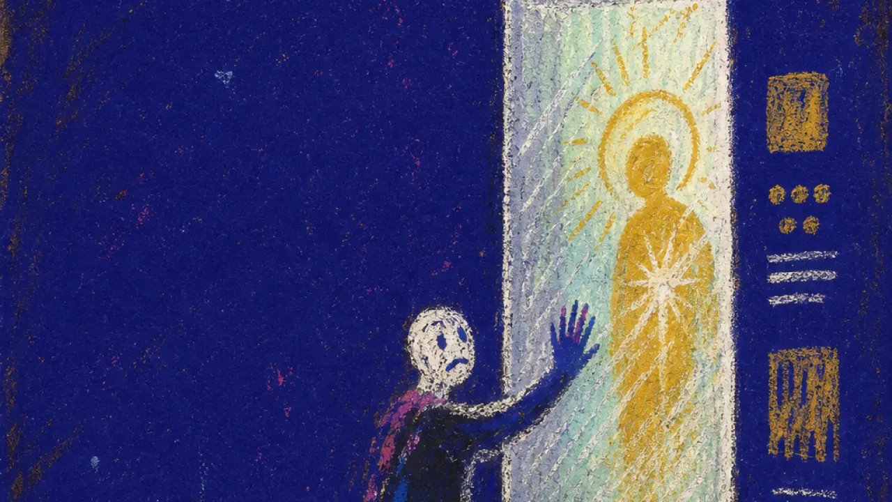 A solitary figure reaching toward a lit doorway, with glass, price tags, and schedules blocking the path in indigo space
