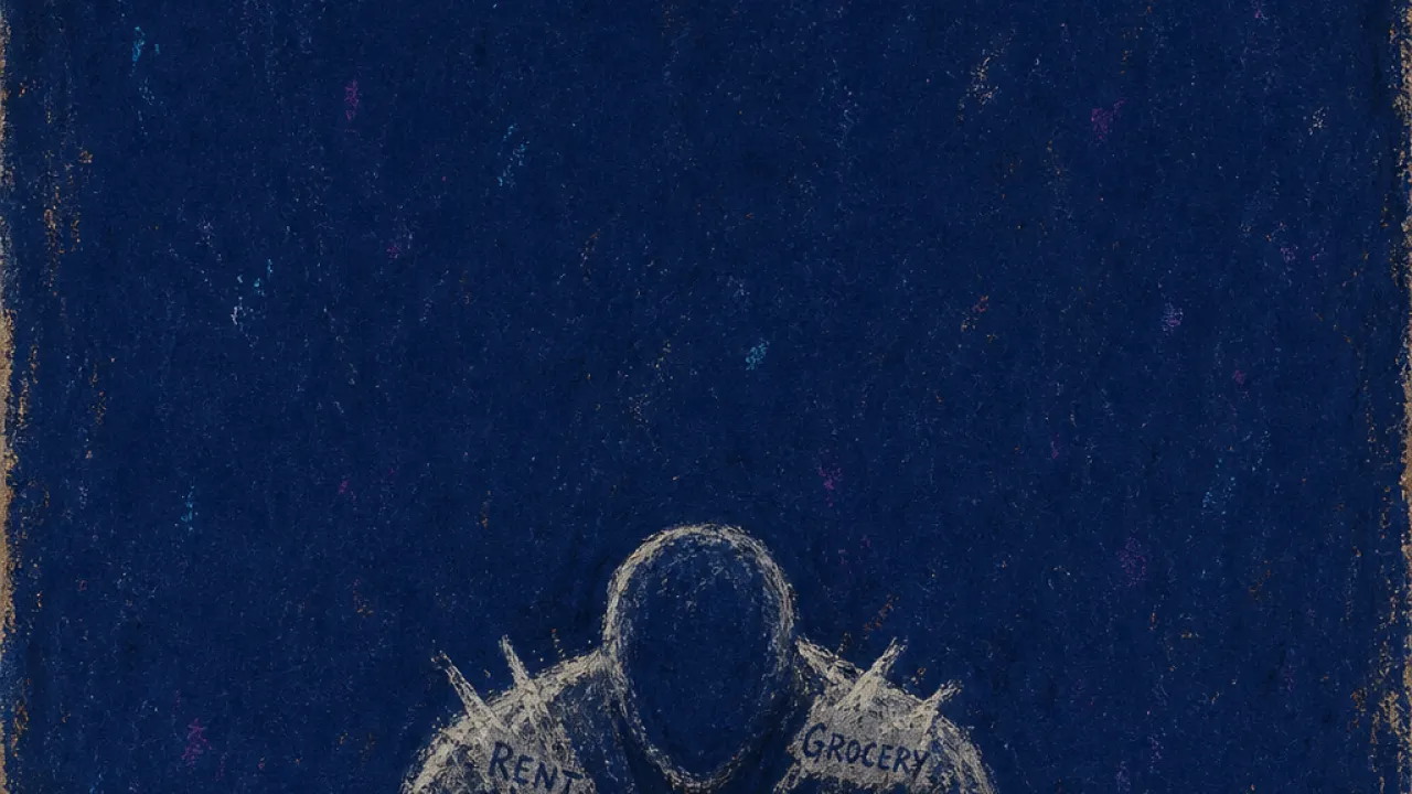 A hunched figure at a kitchen table, open bills and payment requests stacking cold weight across pressed shoulders