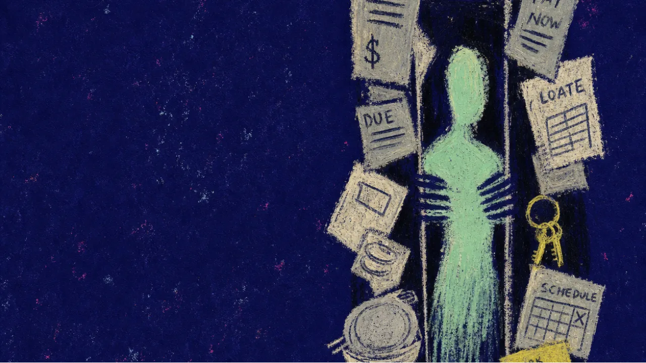 A solitary figure braced in a narrow doorway as bills, dishes, keys, and schedules press inward against shoulders and ribs