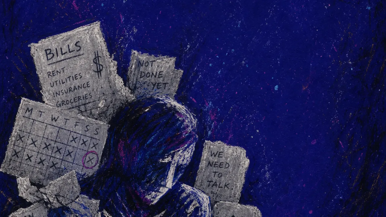A solitary figure with drawn-in shoulders as bills, calendars, and messages pile cold weight in the space between two bodies