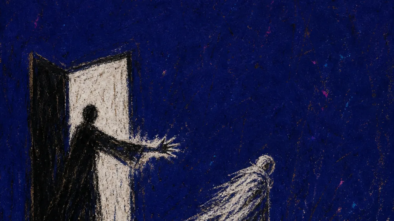 A figure holds an open lit doorway while another shape walks past through snow, leaving cold silver space between them