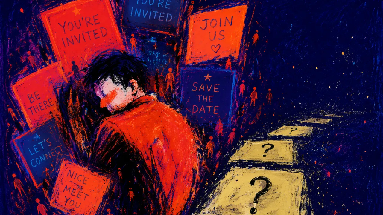 A half-turned figure with shoulders drawn inward as vermilion invitation panels crowd the torso above an unreadable path.