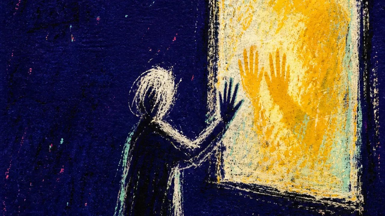 A solitary figure in snow outside a glowing window, with warm hands visible behind glass that never reaches them