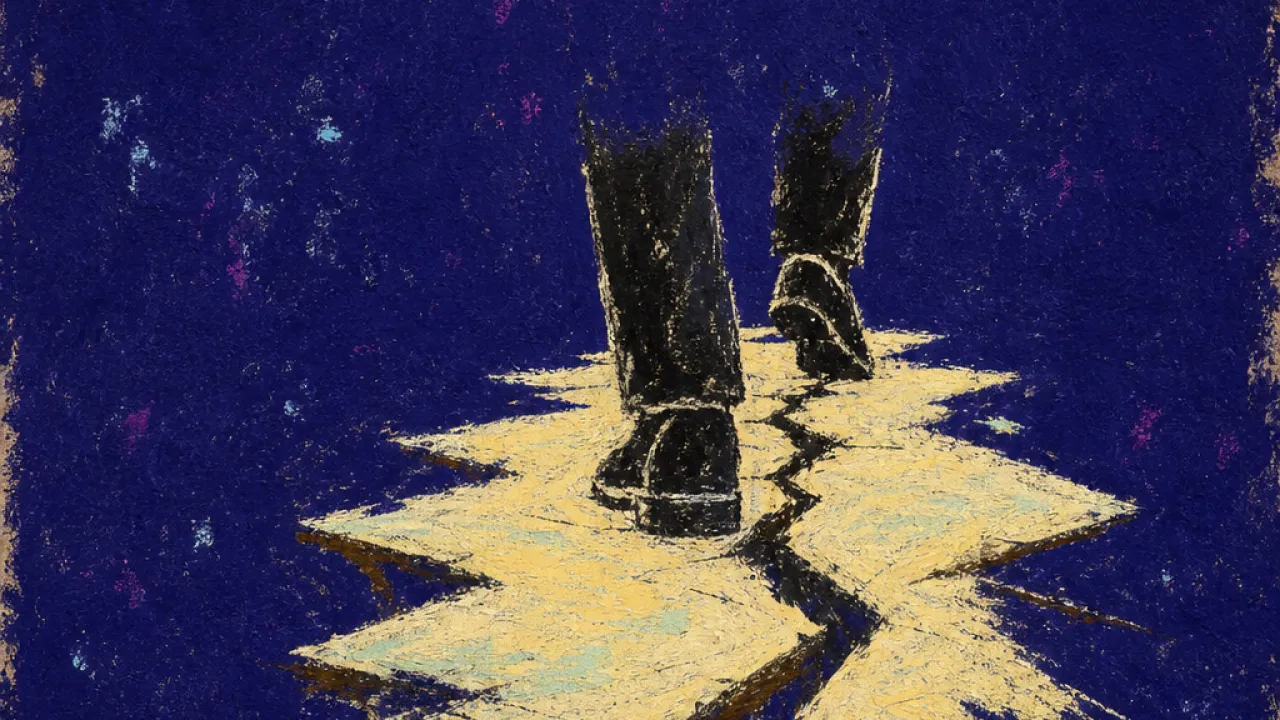 Ground pulled from beneath A solitary figure stepping across a cracked office floor, calendar pages sliding away beneath both feet in deep indigo space