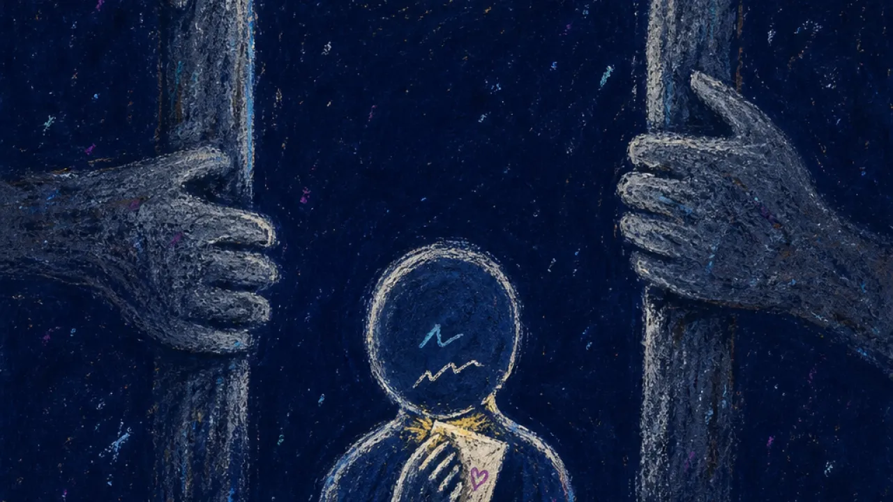 A solitary figure outside a glowing window, shoulders tight, while hands hold a doorway closed in cold indigo space