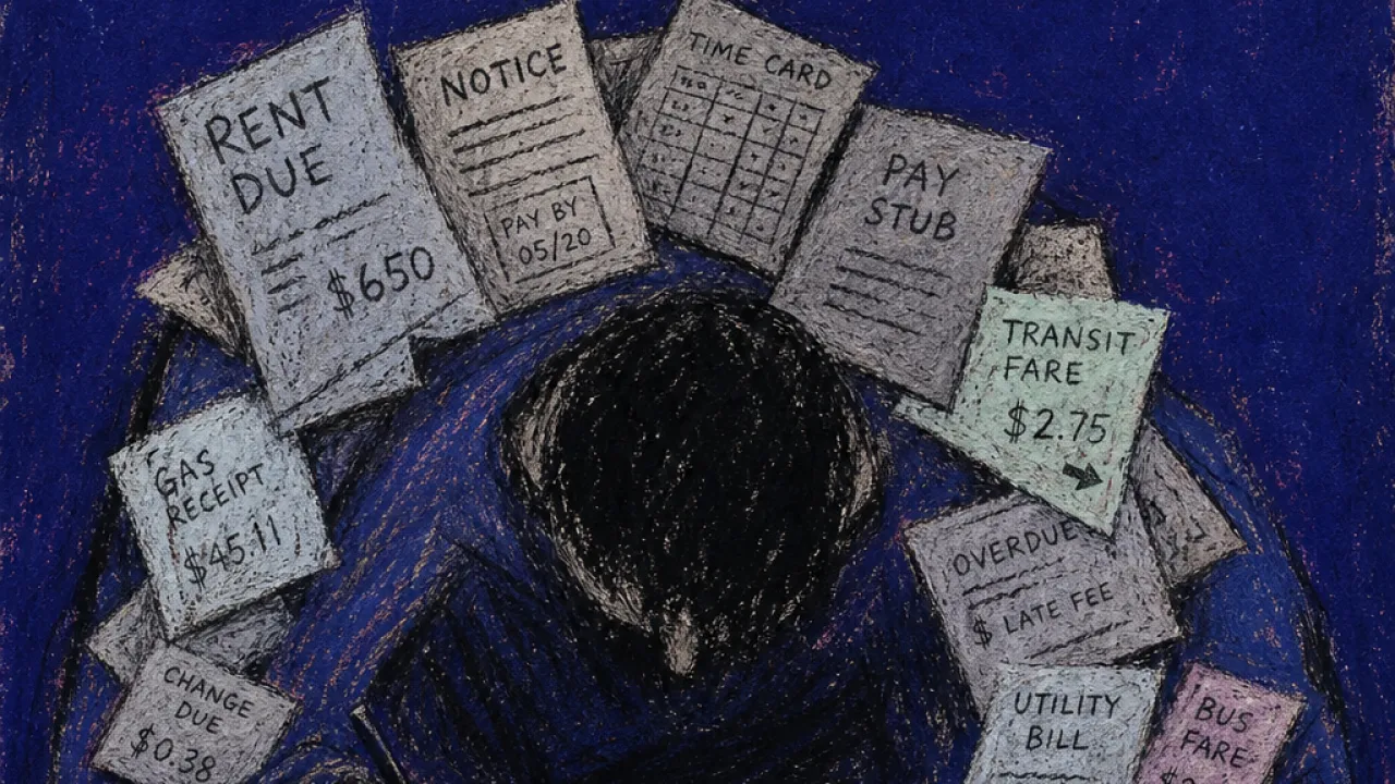 A hunched figure over open notes with bills and timecards pressing into bent shoulders in cold silver-grey and indigo space