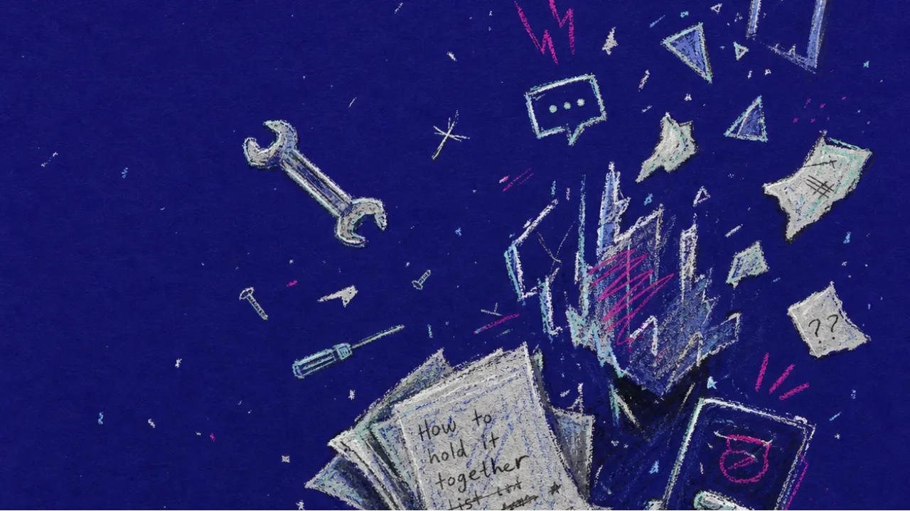 A solitary figure clutching loose pages as open windows and messages scatter around exposed hands in deep indigo space