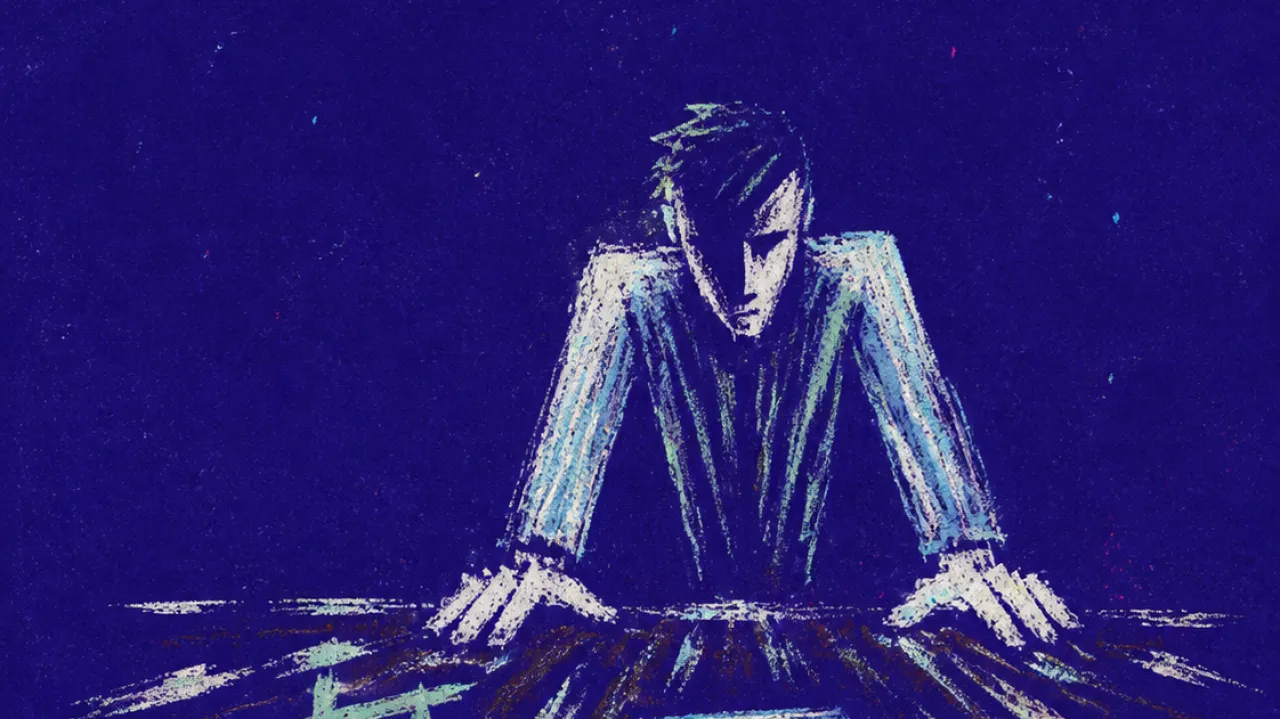 A solitary figure bracing over a folder as scales and locked bands press across the table in deep indigo space