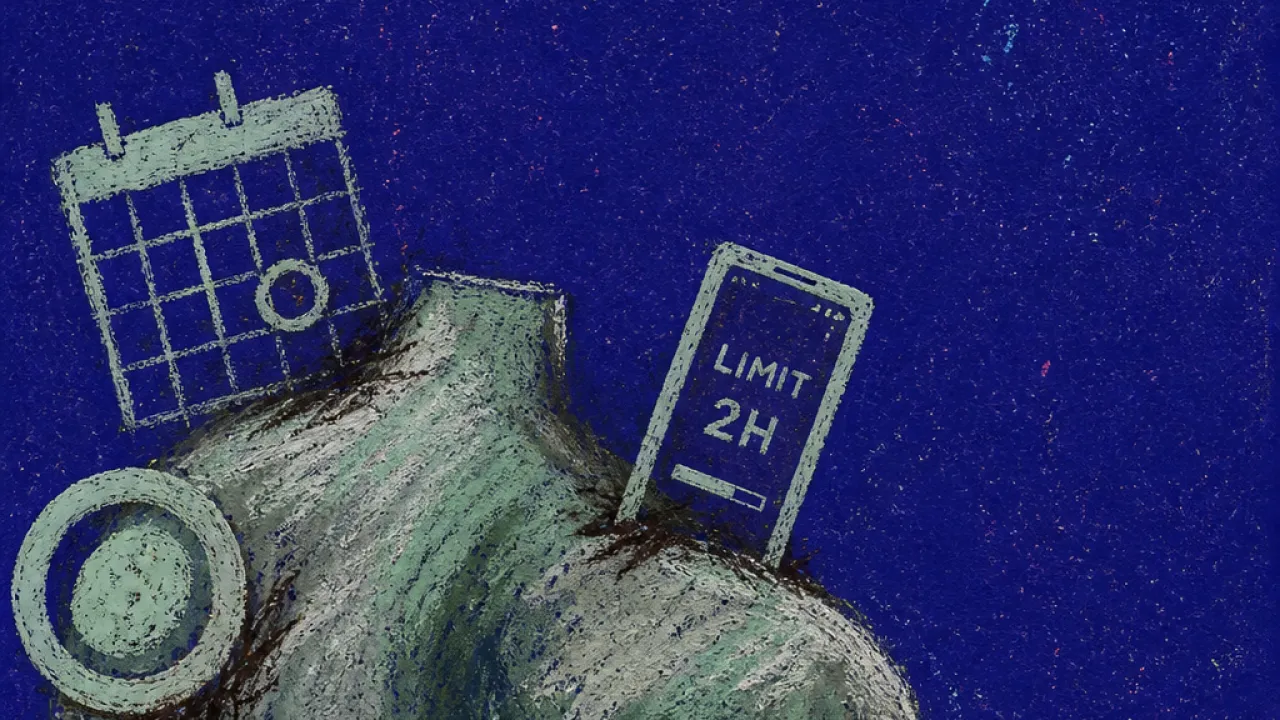 A solitary figure beside calendar blocks, dishes, and a phone limit, with pale marks pressing into the shoulders