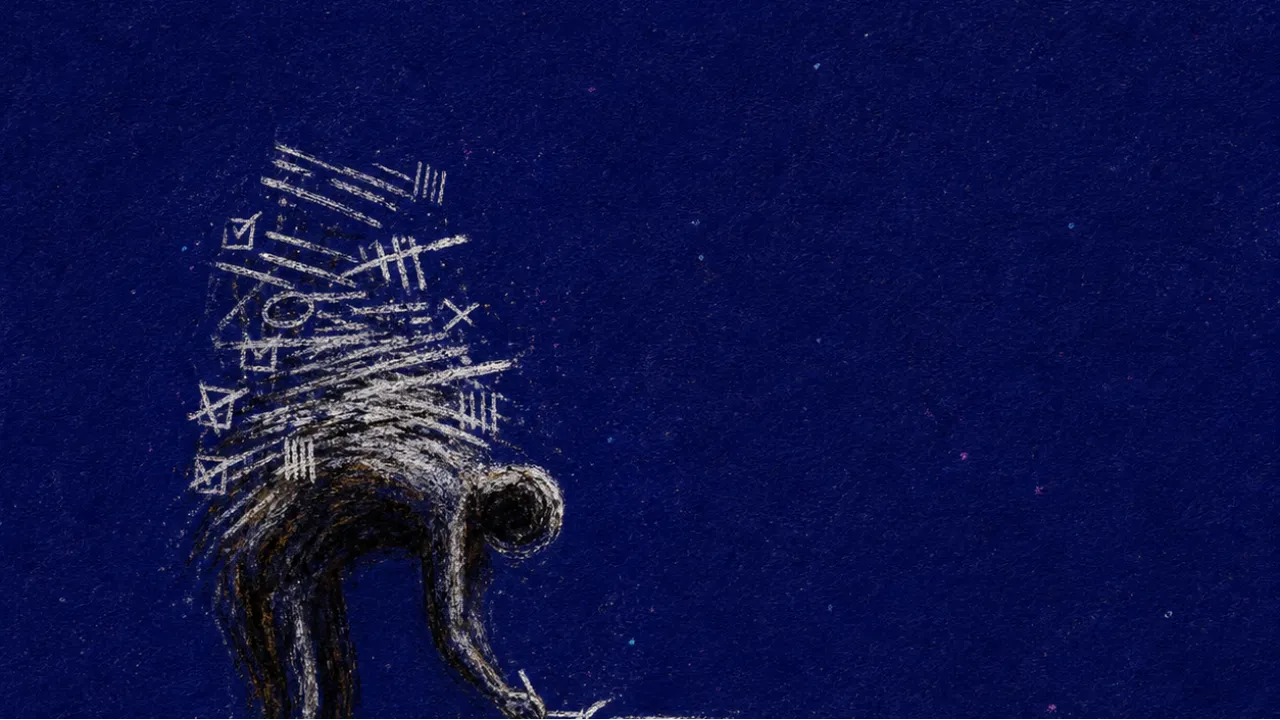A bent figure under hovering task marks, reaching toward distant reward markers across cold silver and deep indigo space