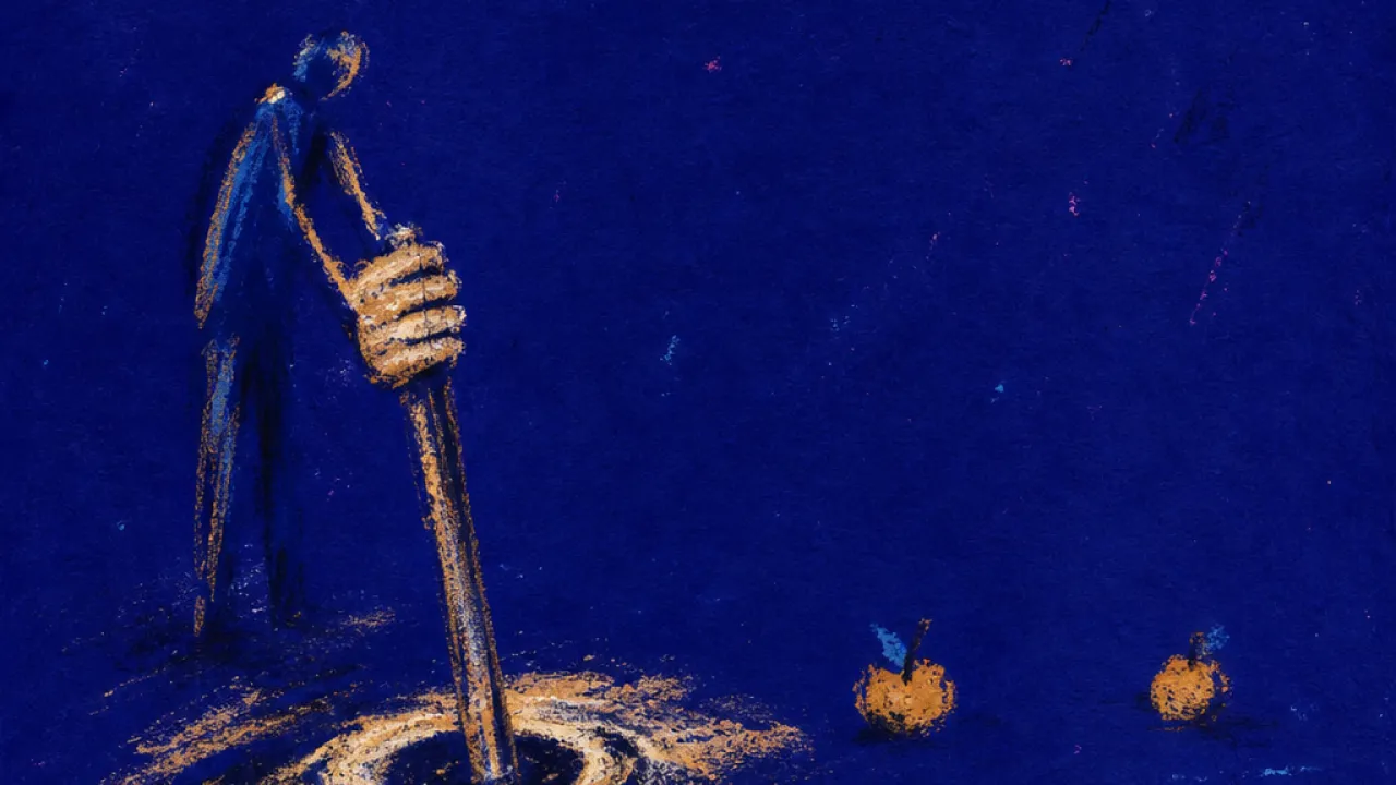 A solitary figure leaning on a tool while nearby hands circle back, with visible fruit left unpicked in deep indigo space