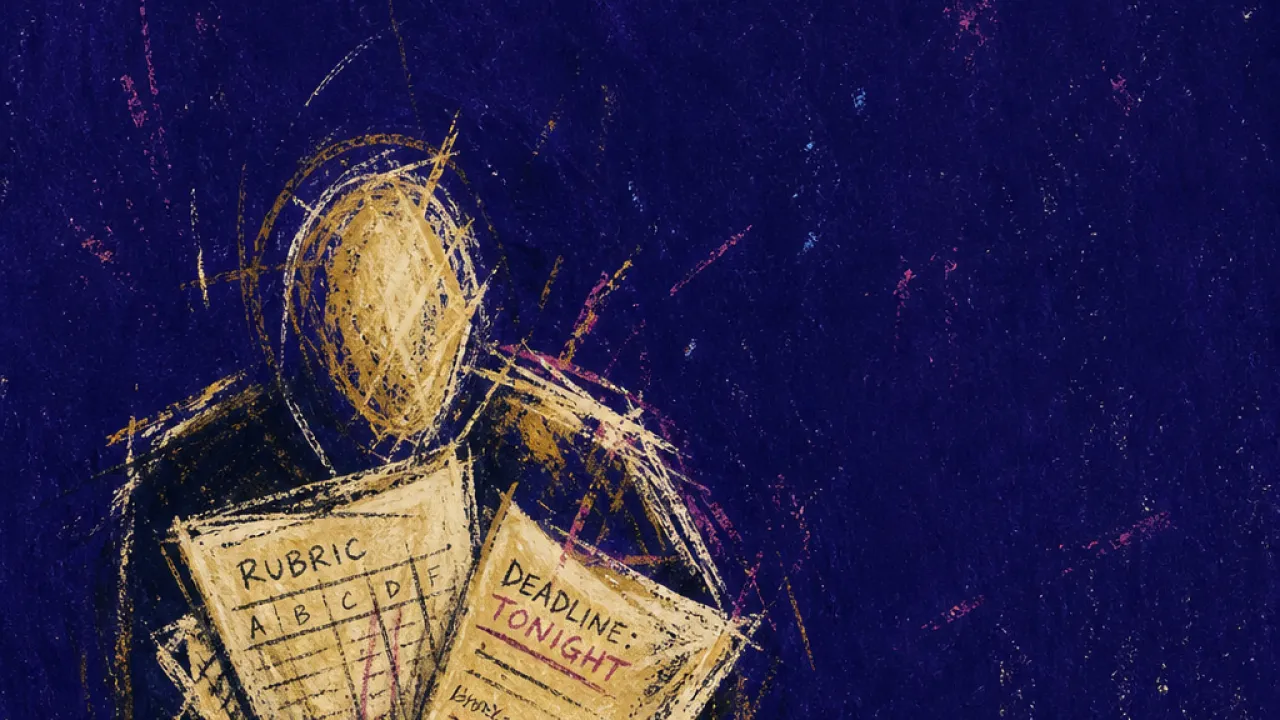 A solitary figure with rounded shoulders, hands pressed around half-formed pages by calendar sheets and rubric edges