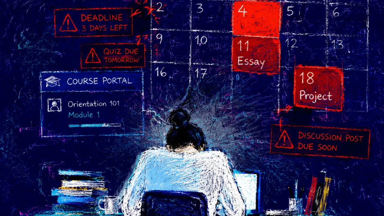 A seated figure at a desk, shoulders beneath hovering calendar blocks as silver grids divide the indigo space.