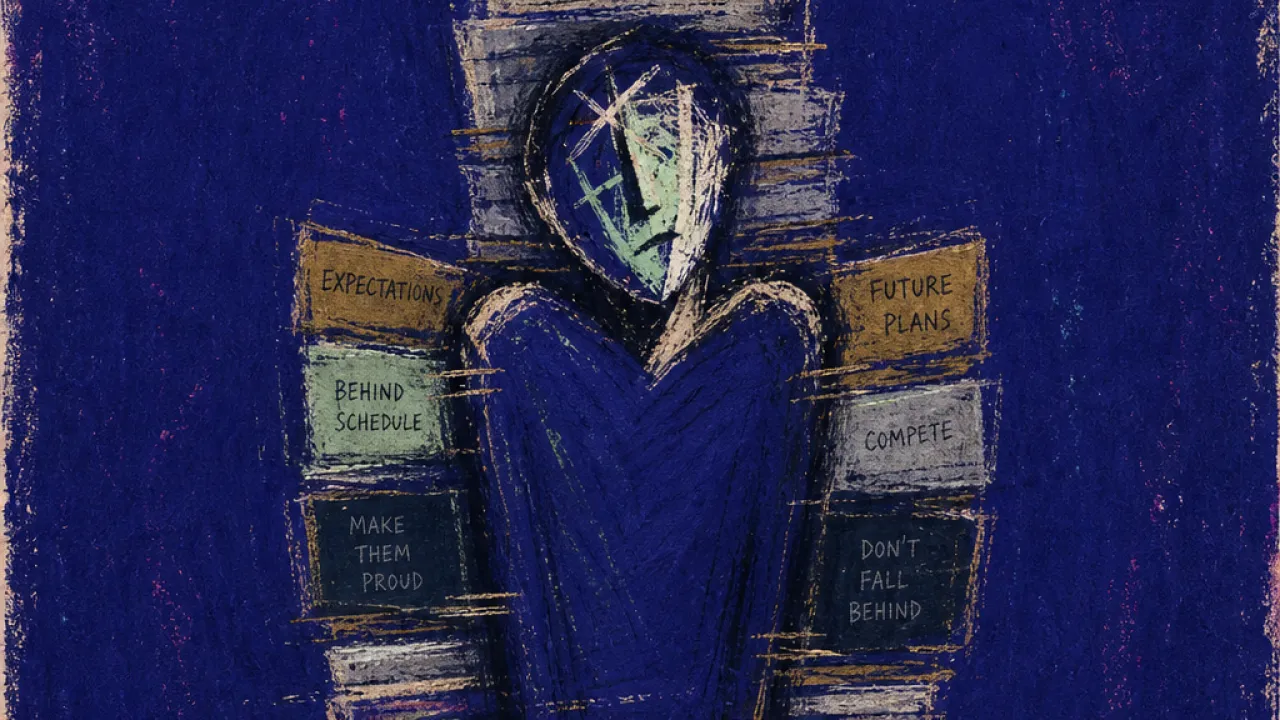 A solitary figure held inside a narrow frame of credits, pages, and timelines, with shoulder impression marks from stacked on