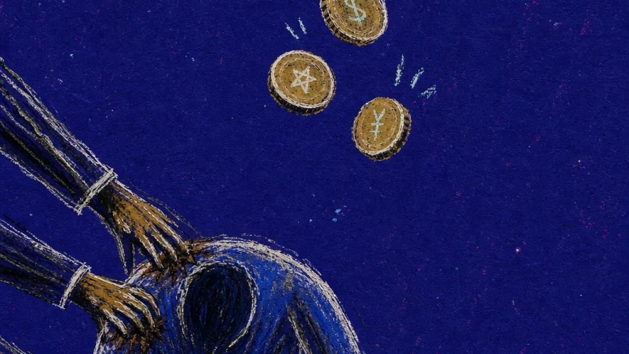 A solitary figure bent over a ledger as hands add tasks to their shoulders and coins hang out of reach overhead