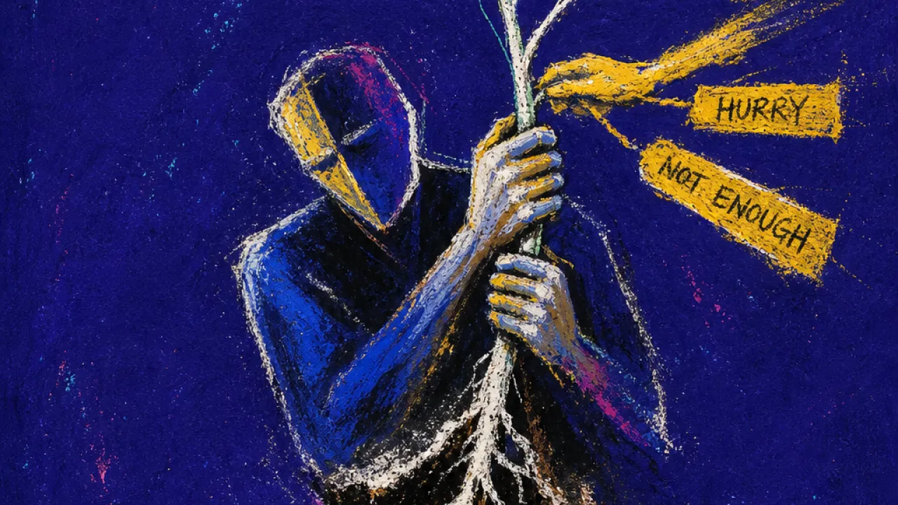 A solitary figure clutching a green sprout while bright labels pull upward, roots exposed in deep indigo space