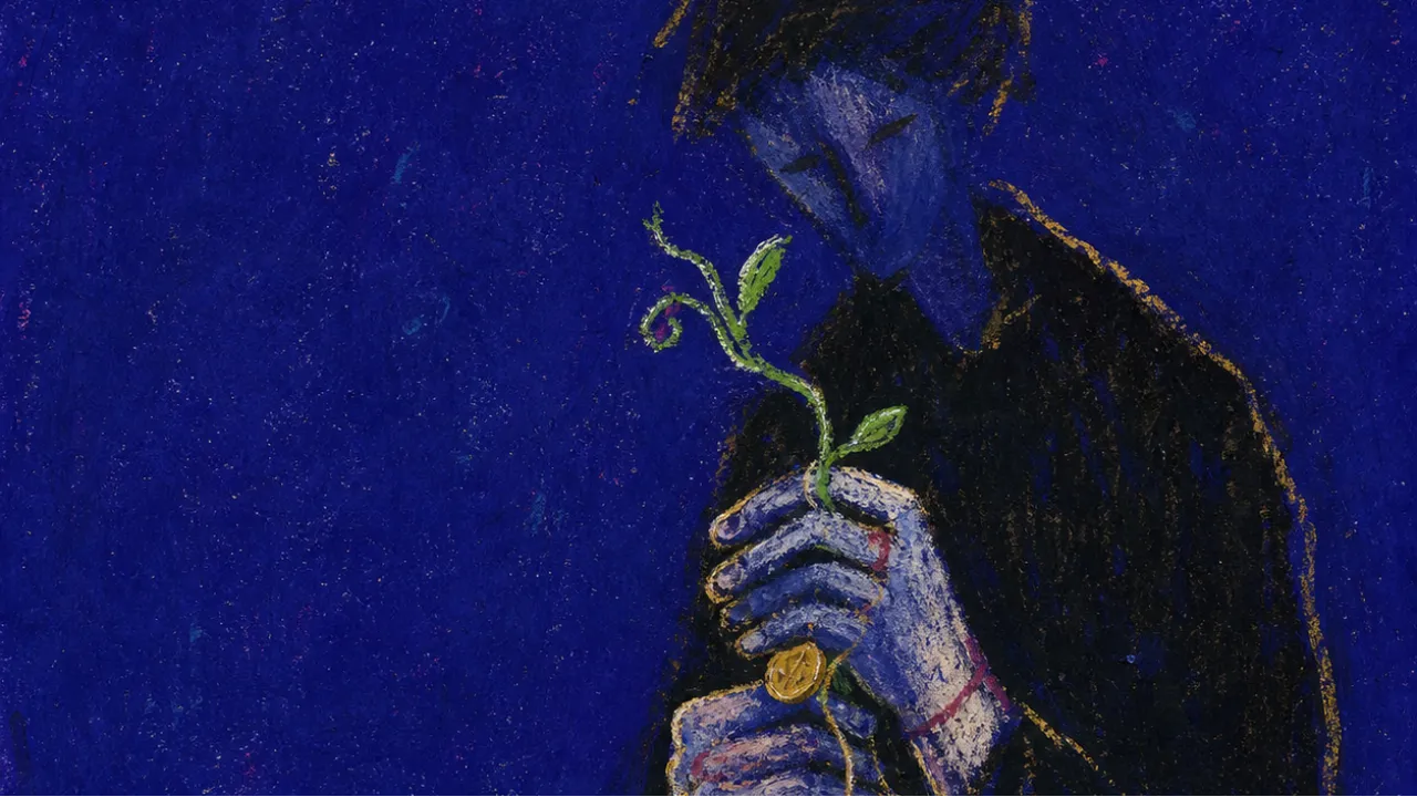 A solitary figure clutches an unfinished vine as hands pry a loose coin from their fingers, cold gold tags slicing the dark
