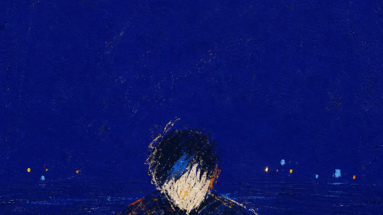 A solitary figure holding one small coin near the chest as distant lights hover ahead and faint impressions mark the hands