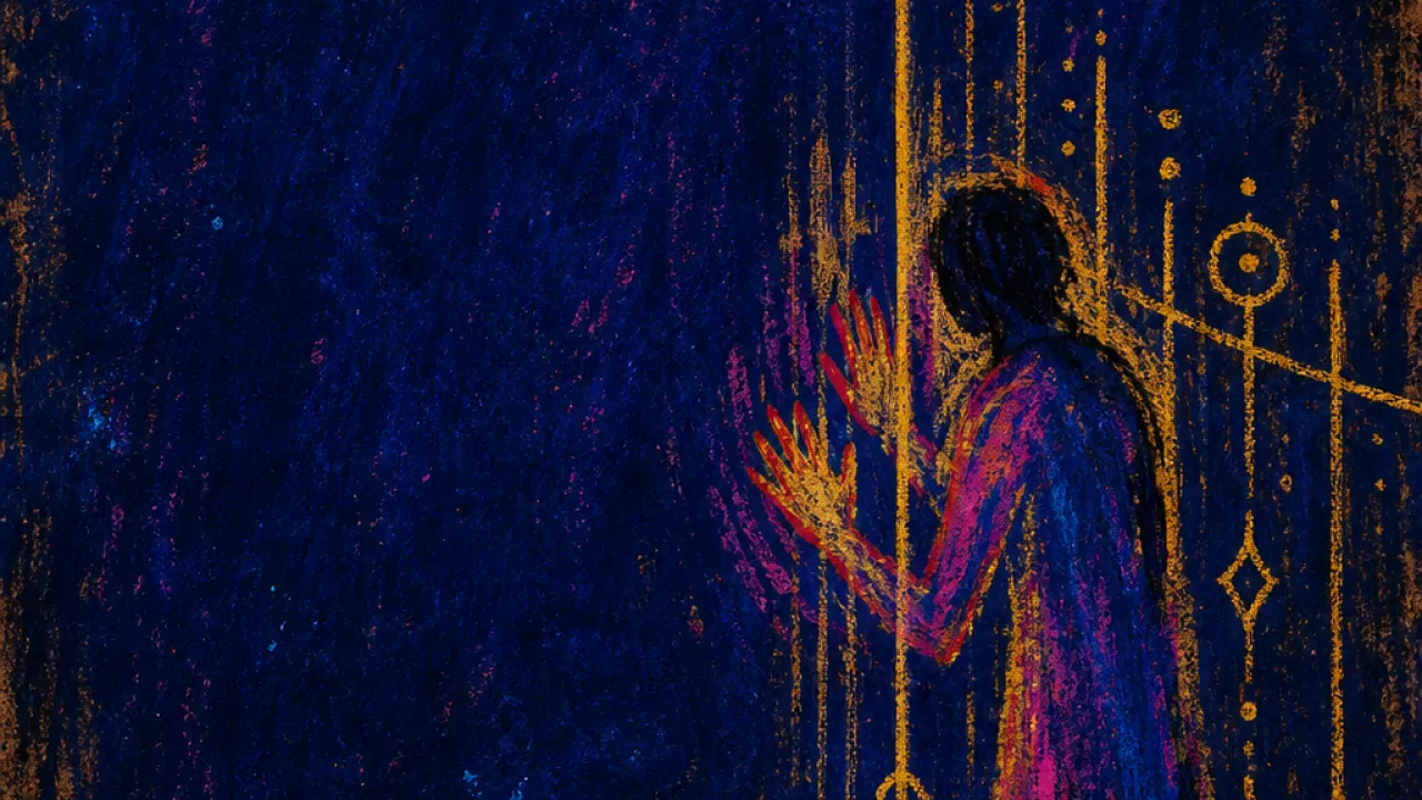 A solitary figure inside a marked garden boundary, hands reaching toward gates around warm gold lines in deep indigo space
