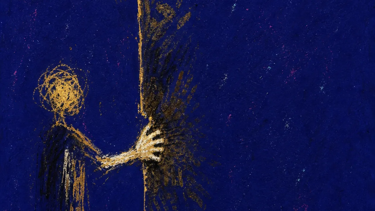 A solitary figure holds a narrow line as glowing messages and reaching hands press against the threshold from all sides
